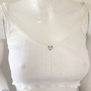 Pretties Venice White Pointelle Crop Tank Top w Lace Trim & Blue Rosette